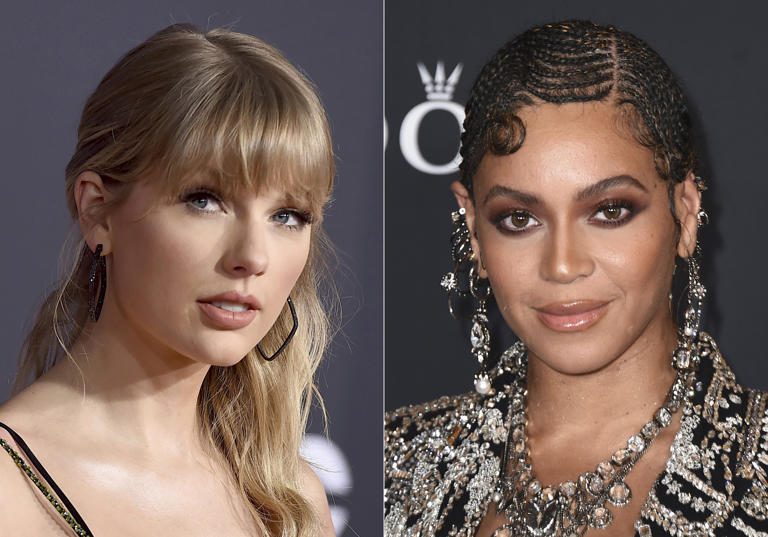 Taylor Swift appears at the American Music Awards in Los Angeles on Nov. 24, 2019, left, and Beyoncé appears at the world premiere of "The Lion King" in Los Angeles on July 9, 2019. Both Swift and Beyoncé have concert films releasing this fall. (AP Photo/File)