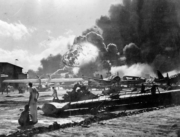 Explosion at the Naval Air Station during the attack on Pearl Harbor. (Photo Credit: Fox Photos / Getty Images)