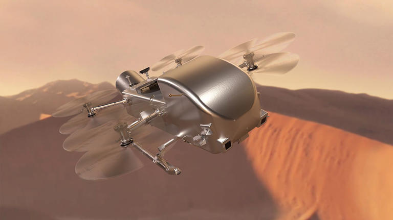 An illustration of the Dragonfly rotorcraft soaring in the skies of Saturn’s larget moon, Titan.
