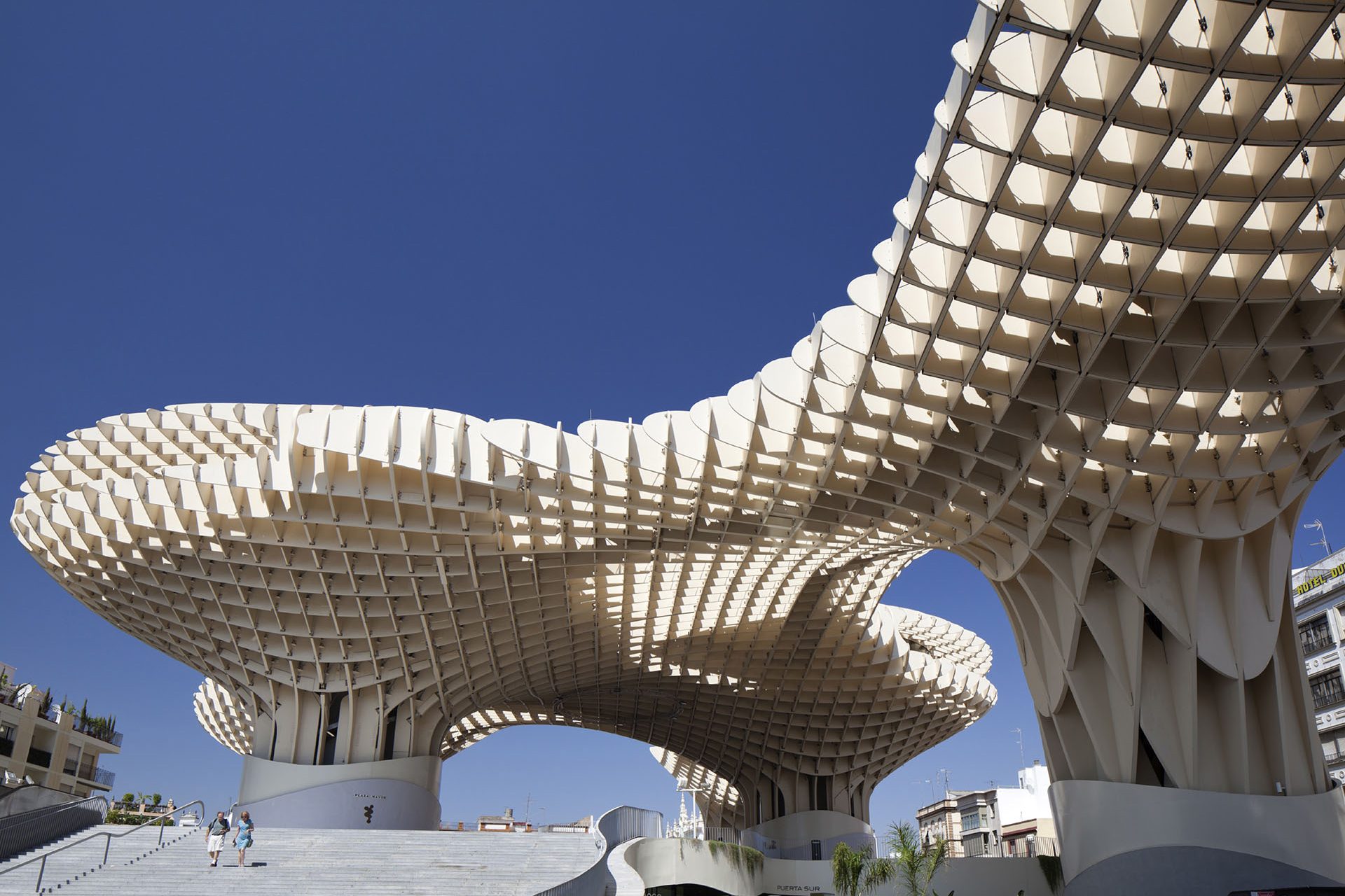<p>This huge pergola-shaped structure is made of laminated wood and concrete located in Seville (Spain). It is 150 meters/492 feet long, 70 meters/229 feet wide and a height of about 26 meters or 85 feet. This structure houses a traditional market, a square for shows and the Antiquarium Archaeological Museum, in addition to offering a great viewpoint of the city at the top.</p>