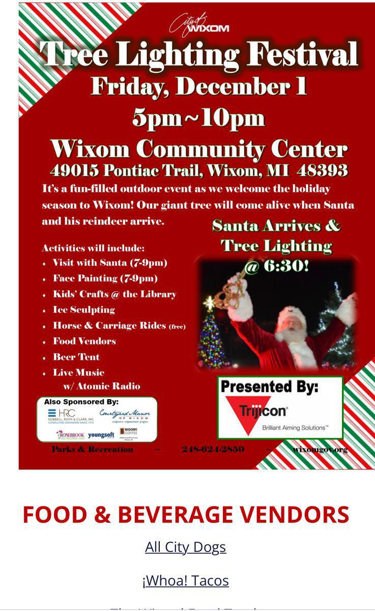 Don’t the Wixom tree lighting event is tomorrow night, Dec 1st
