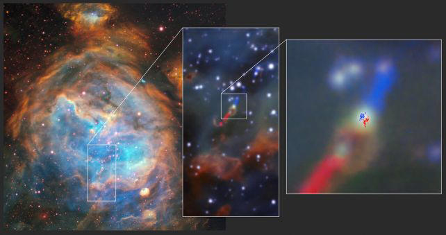 The location and orientation of the jets and disk identified in HH 1177. ( ESO/ALMA (ESO/NAOJ/NRAO)/A. McLeod et al. )