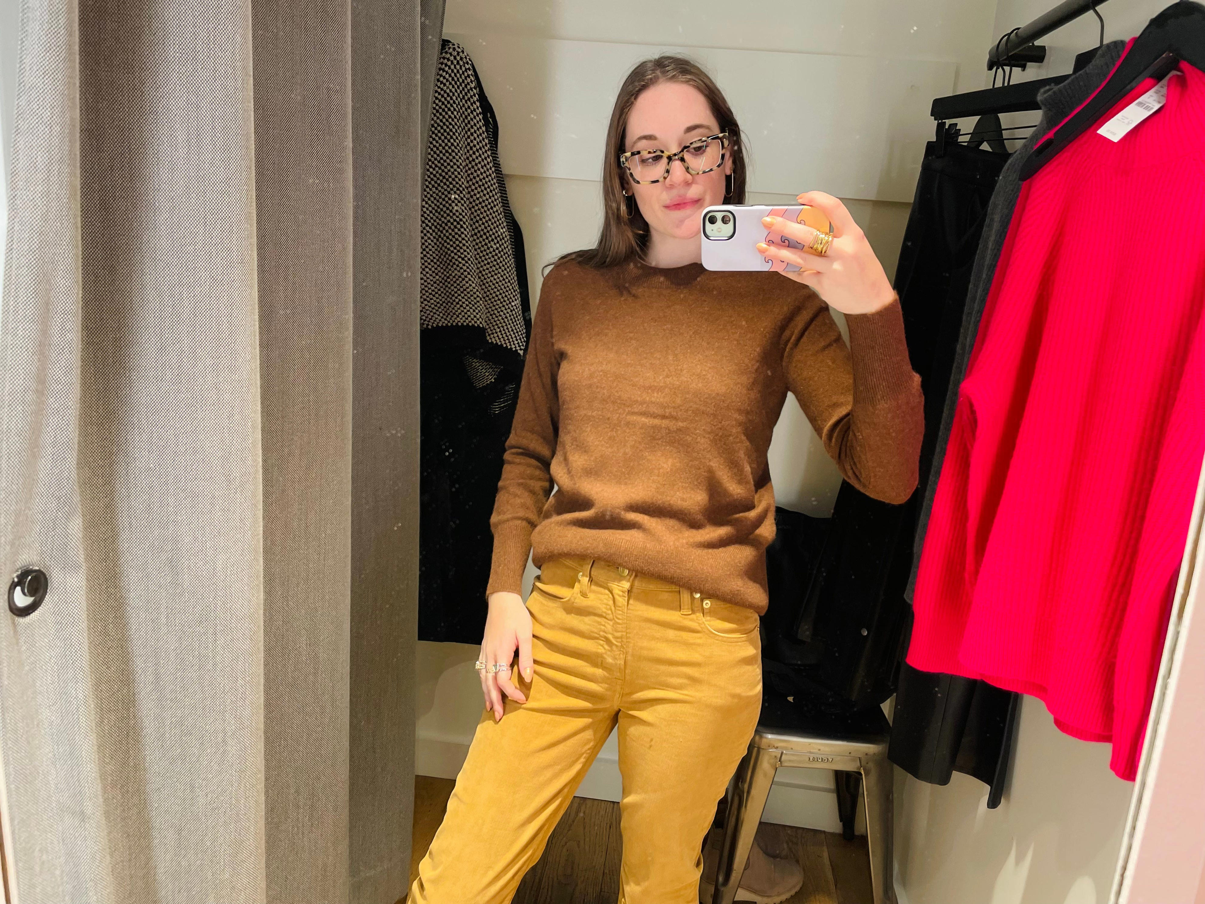 <p>The brown sweater was a nice staple, though I wasn't feeling the color on me. The corduroy pants were a miss. The color was too mustard and I didn't like the slim fit.</p>