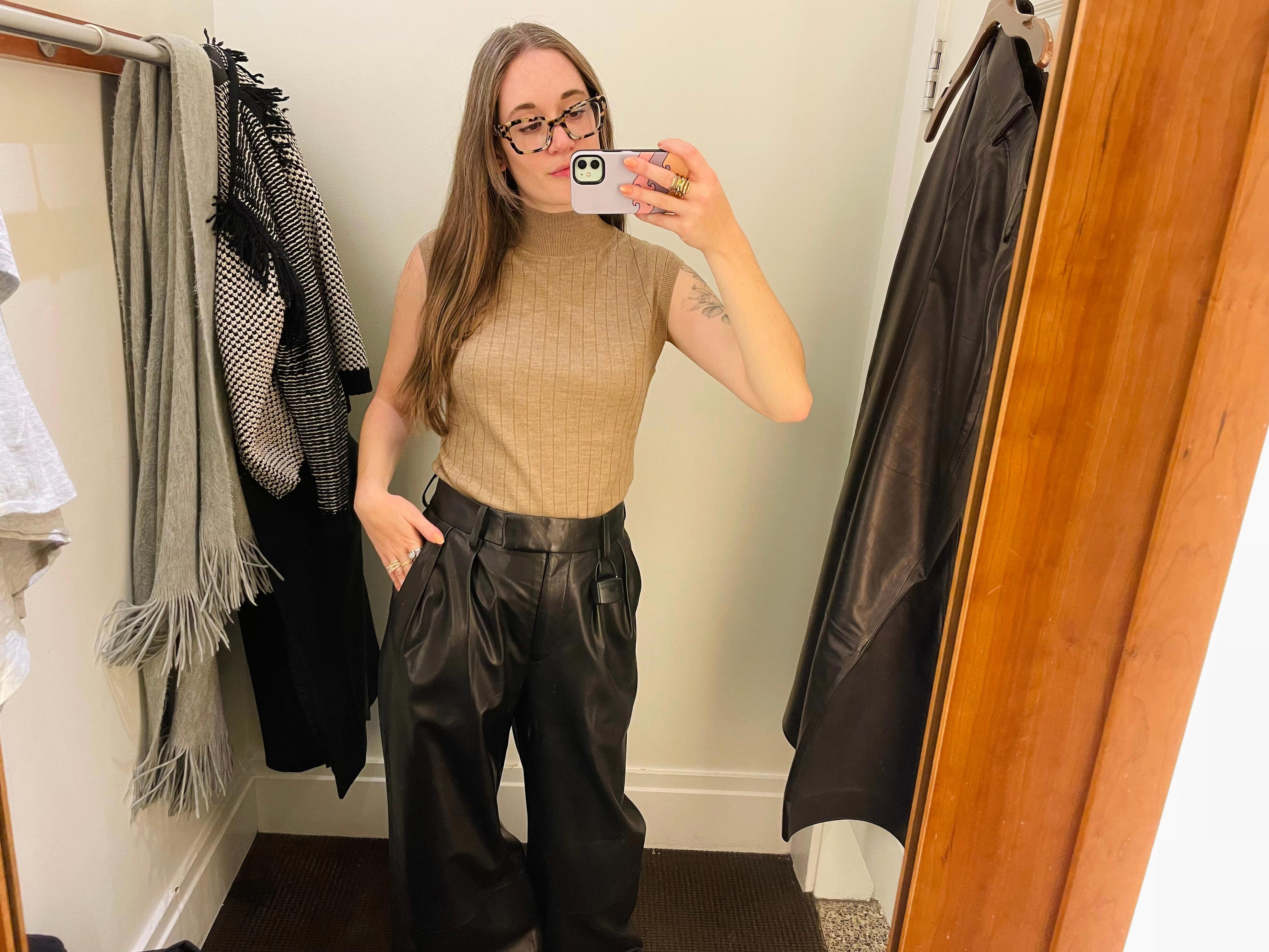 <p>This was a nice top that I could wear to work. I also tried a pair of wide-leg leather pants. They were cool, but way too big on me.</p>