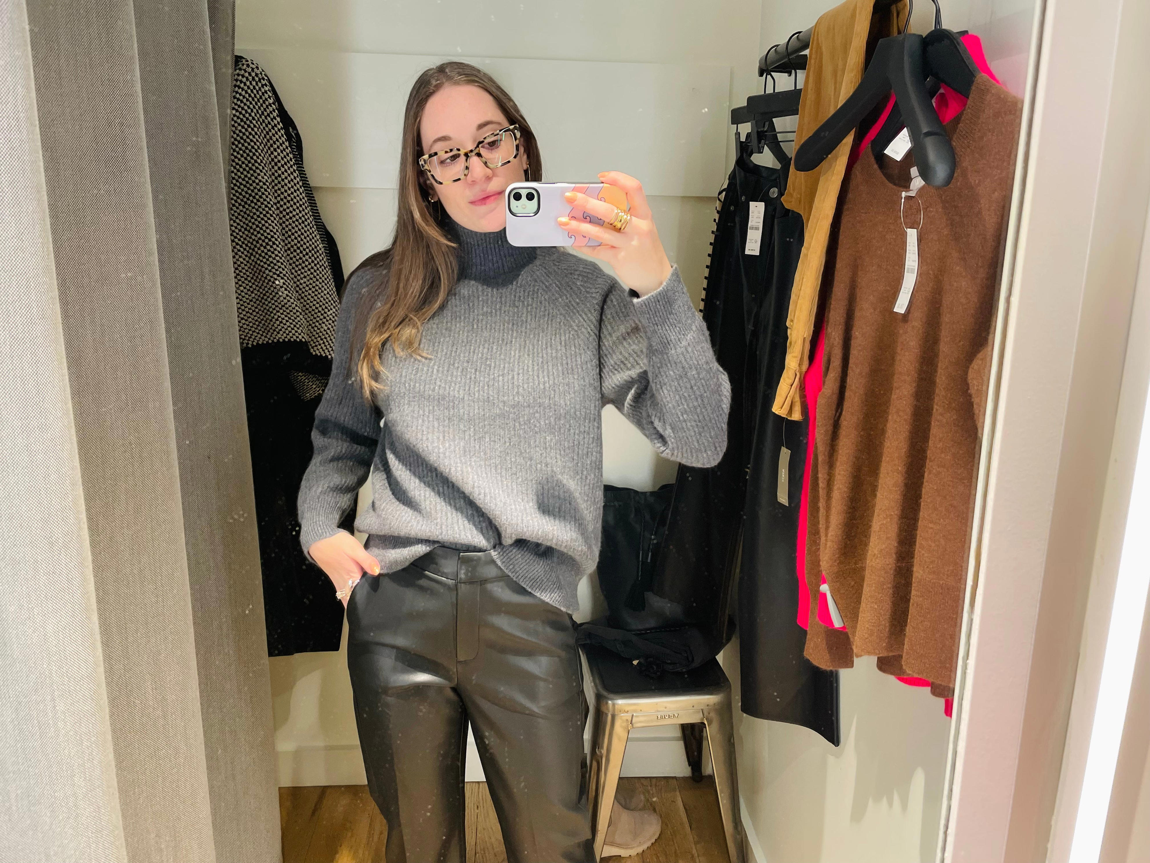 <p>I've been looking for a new pair of leather pants, so I picked out a couple of pairs. Before I went to the fitting rooms, a customer told me she had both pairs and loves them.</p>