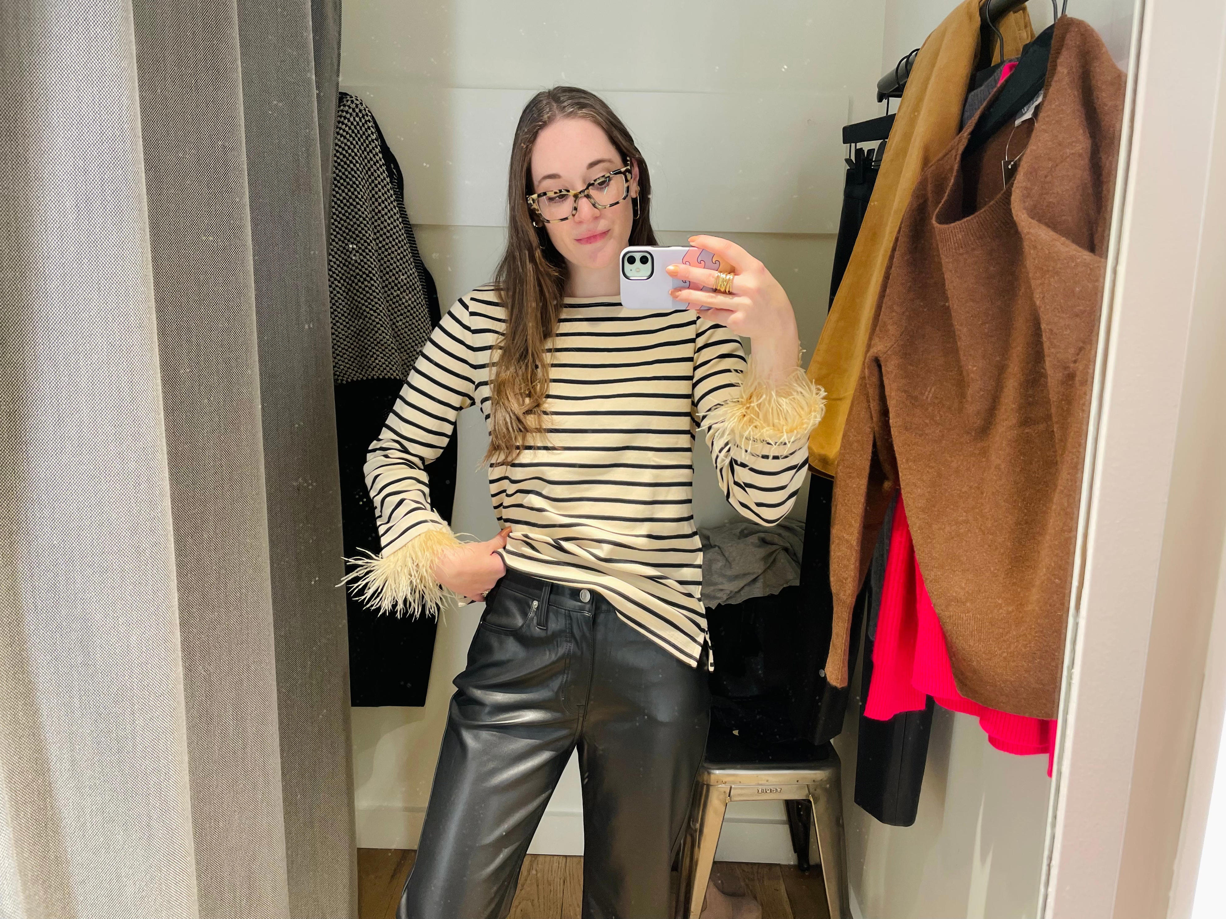 <p>I couldn't decide which pair of pants I liked best. They fit slightly differently, but both felt comfortable and were flattering.</p><p>I tried a shirt with removable feather cuffs for fun — stripes aren't really my thing, but I actually didn't hate it.</p>