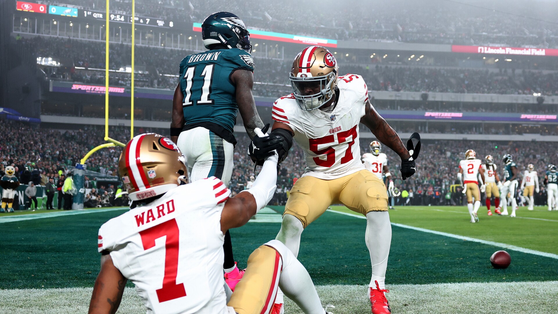 dre greenlaw ejected, eagles cut 49ers lead to 21-13