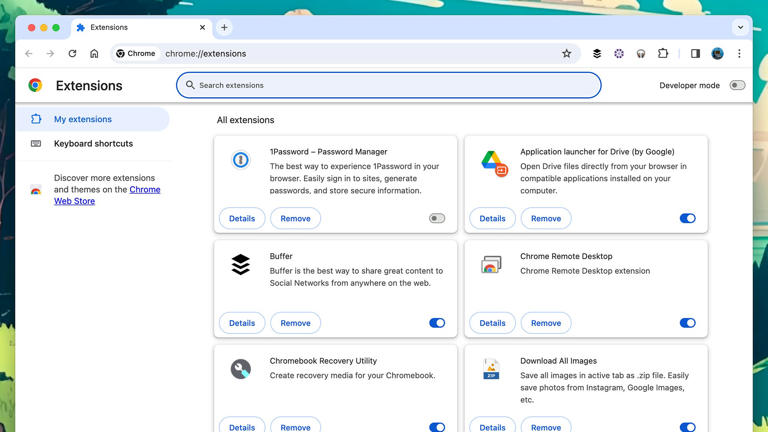 Managing extensions in Google Chrome.
