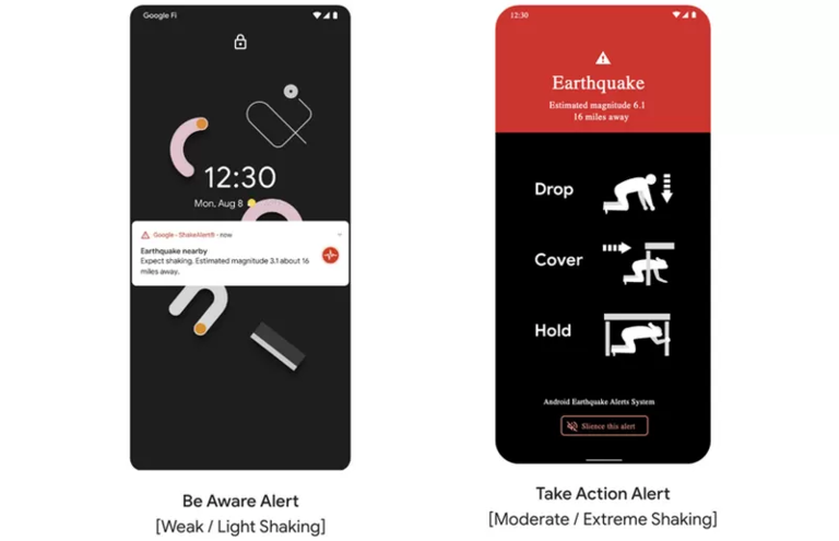 Google'ın uyarı sistemi Android tabanlı akıllı telefonlarda bu şekilde görünüyor. Zayıf depremlerde soldaki gibi, şiddetli depremlerde ise sağdaki gibi uyarılar ekranda beliriyor.