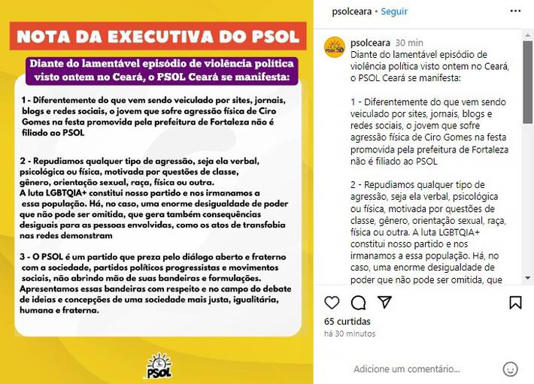 Executiva do PSOL diz que homem agredido por Ciro Gomes no Ceará não é filiado ao partido Foto: Reprodução/Perfil do Instagram do PSOL Ceará
