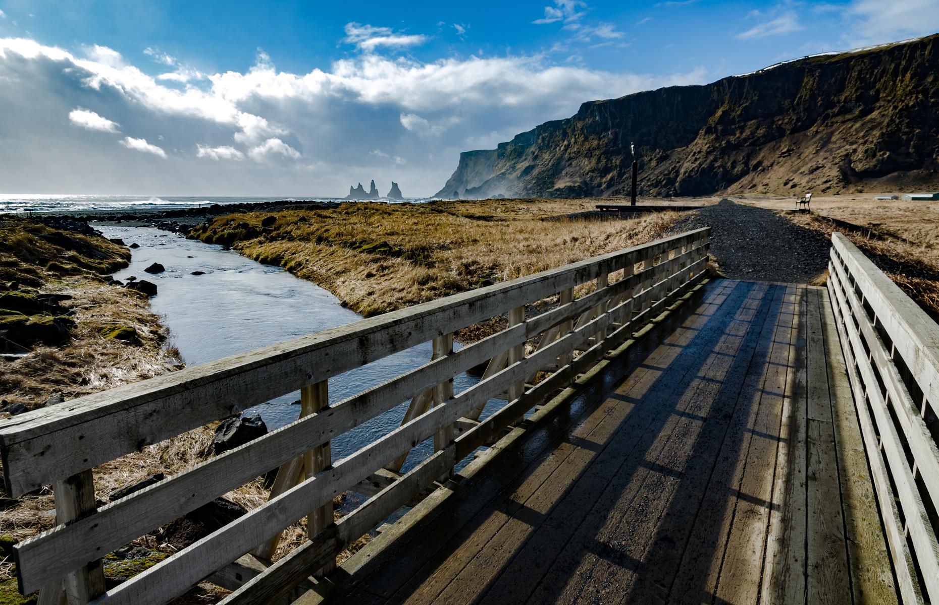 Walk to the top of Reynisfjall (pictured), the largest cliff to the east of the village, and you’ll get impressive views of Reynisdrangar, basalt sea stacks shooting out of the sea just off the coast. Look northwards and you’ll be treated to a view of the impressive Mýrdalsjökull glacier.
