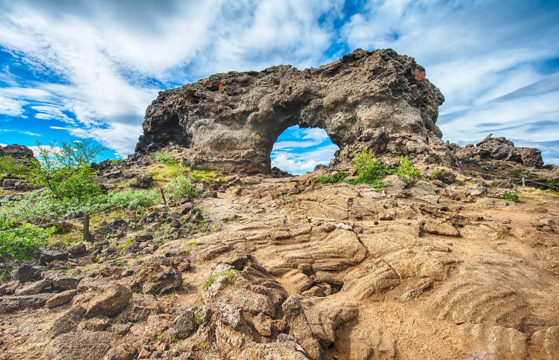 <p>You can find evidence of Myvatn’s volcanic past by exploring the Dimmuborgir lava formations (pictured), a series of small mossy canyons. These are the home of Iceland’s infamous 13 Yule Lads, the Christmas pranksters who supposedly visit children to leave gifts or rotten potatoes.</p>  <p>A little further northeast (follow the signposts from Myvatn) is the Krafla area, one of Iceland's most active volcanic areas where the lava is still steaming hot after its last eruption in 1984.</p>