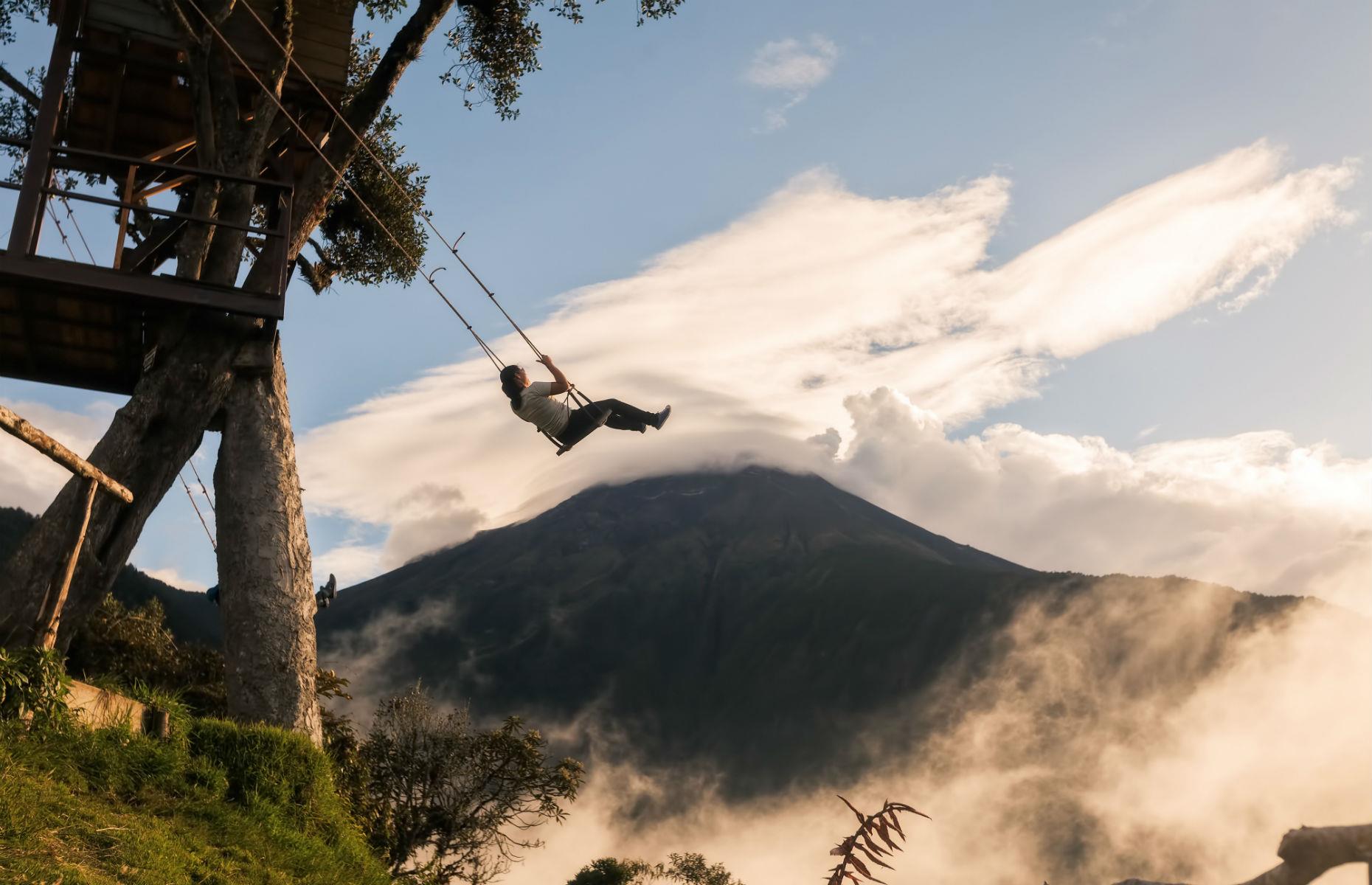 <p>Forget the playground swings you toyed with as a child; any true thrill-seeker will want to head to the Swing at the End of the World in Banos. The swing gives visitors beautiful views of the Tungurahua Volcano, and also the chance to earn some serious Instagram kudos. Plus, even though it looks like you could fall off and tumble over a cliff, the photos are misleading: you actually swing over a steep slope rather than a cliff edge. Scary, but not as perilous as it first seems.</p>