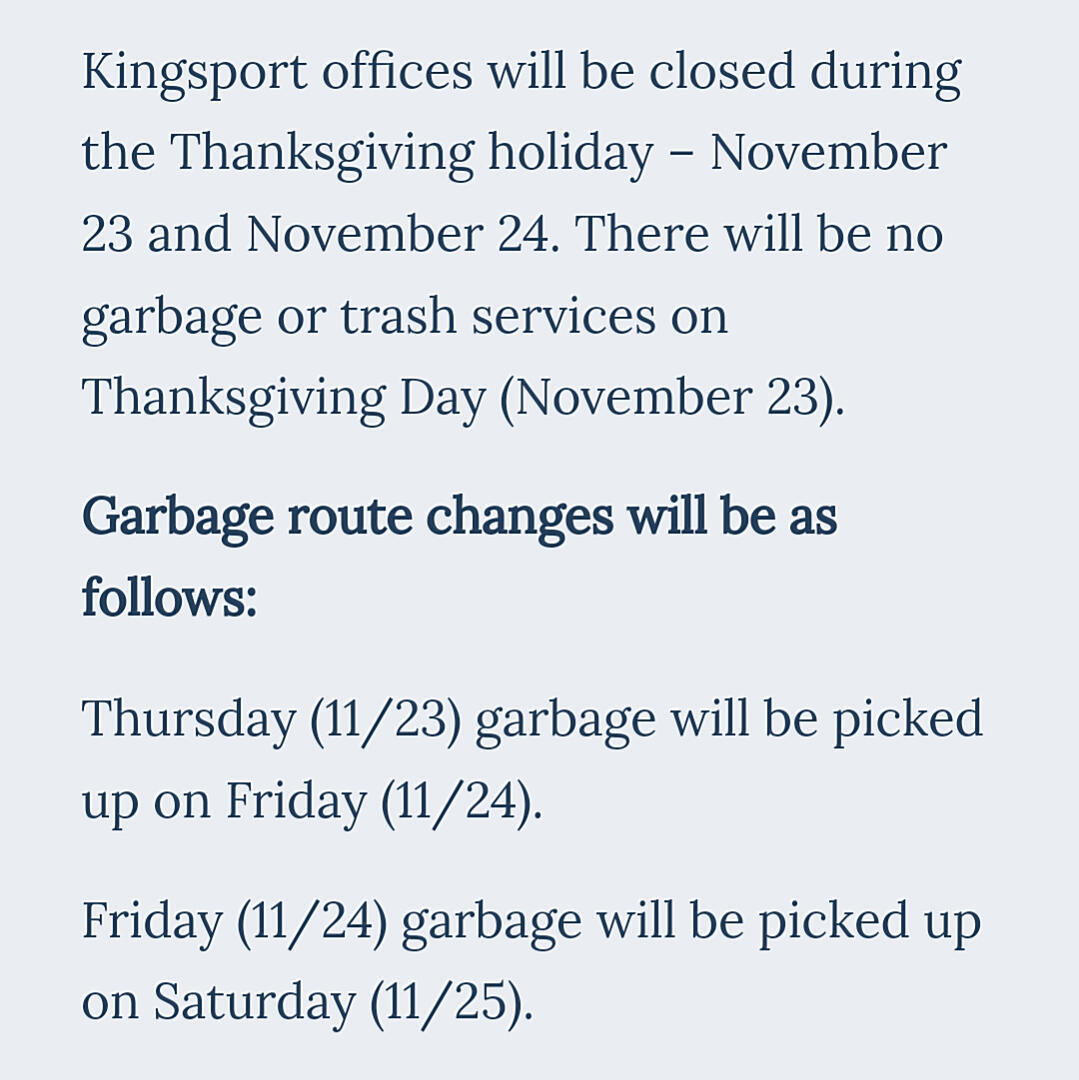 Garbage Pickup Schedule for Kingsport Thanksgiving 2023 W Market St