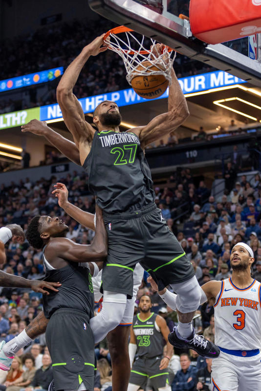 Nov. 20: The Minnesota Timberwolves' Rudy Gobert (27) dunks the ball against the New York Knicks during the second half at Target Center.