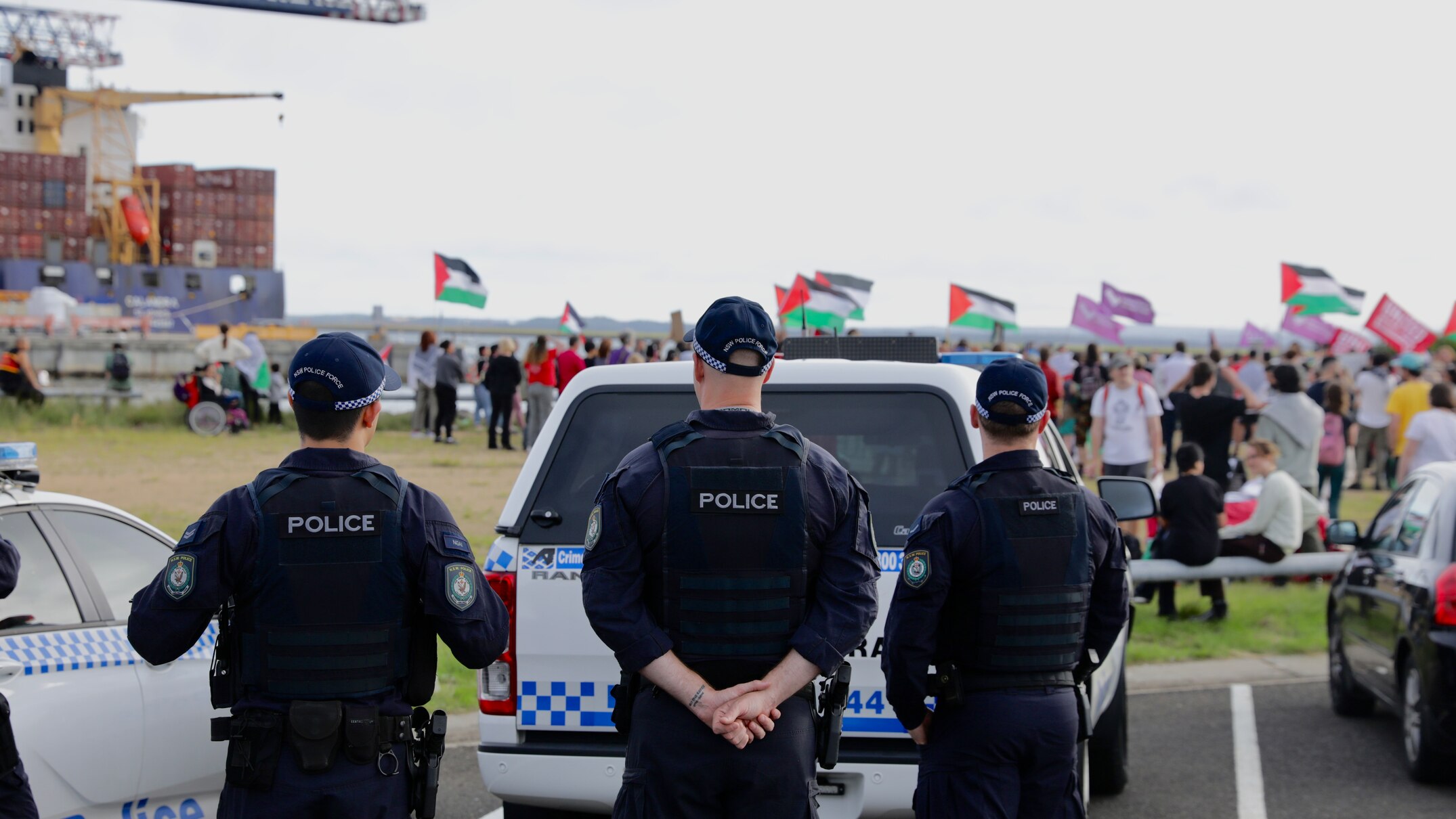 palestinian supporters removed from demonstration at port botany against zim container ship