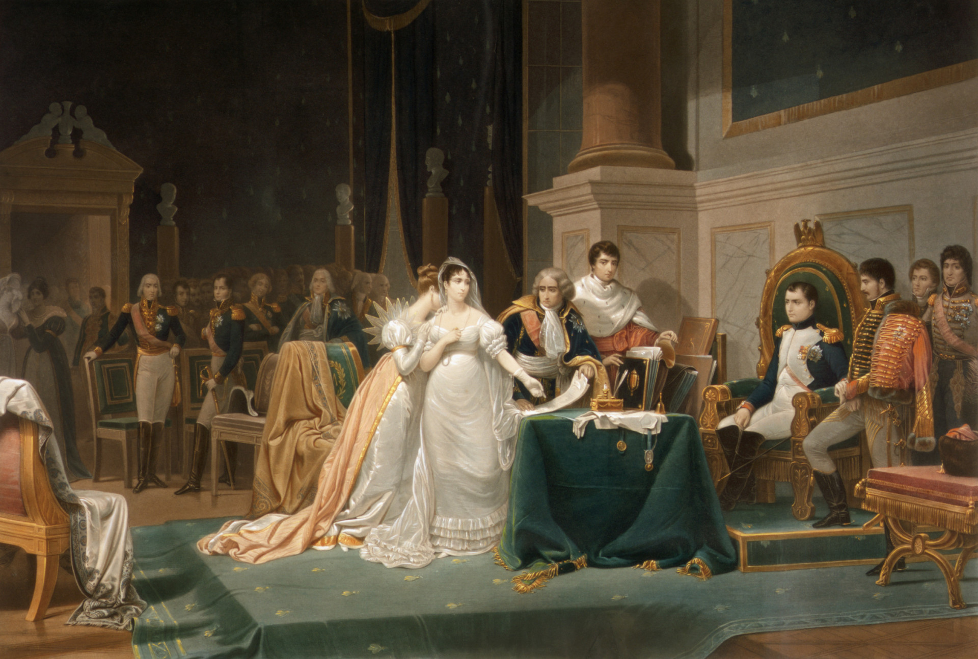 <p>Bei der Scheidungszeremonie im Jahr 1810 verlasen beide eine feierliche Erklärung über ihre gegenseitige Hingabe. Joséphine schluchzt bei diesen Worten und es scheint, dass sie Napoleon im Laufe der Zeit doch über alles liebte.</p>