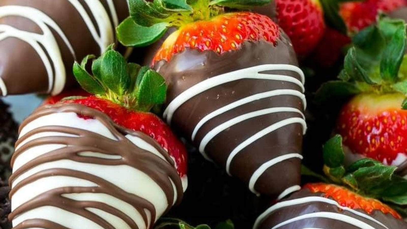 <p>These chocolate-covered strawberries are fresh, ripe berries dipped in melted chocolate and rolled in various toppings. An easy and elegant dessert or snack option!</p><p><strong>Get the Recipe: <a href="https://www.dinneratthezoo.com/chocolate-covered-strawberries/" rel="noreferrer noopener">Chocolate Covered Strawberries</a></strong></p>