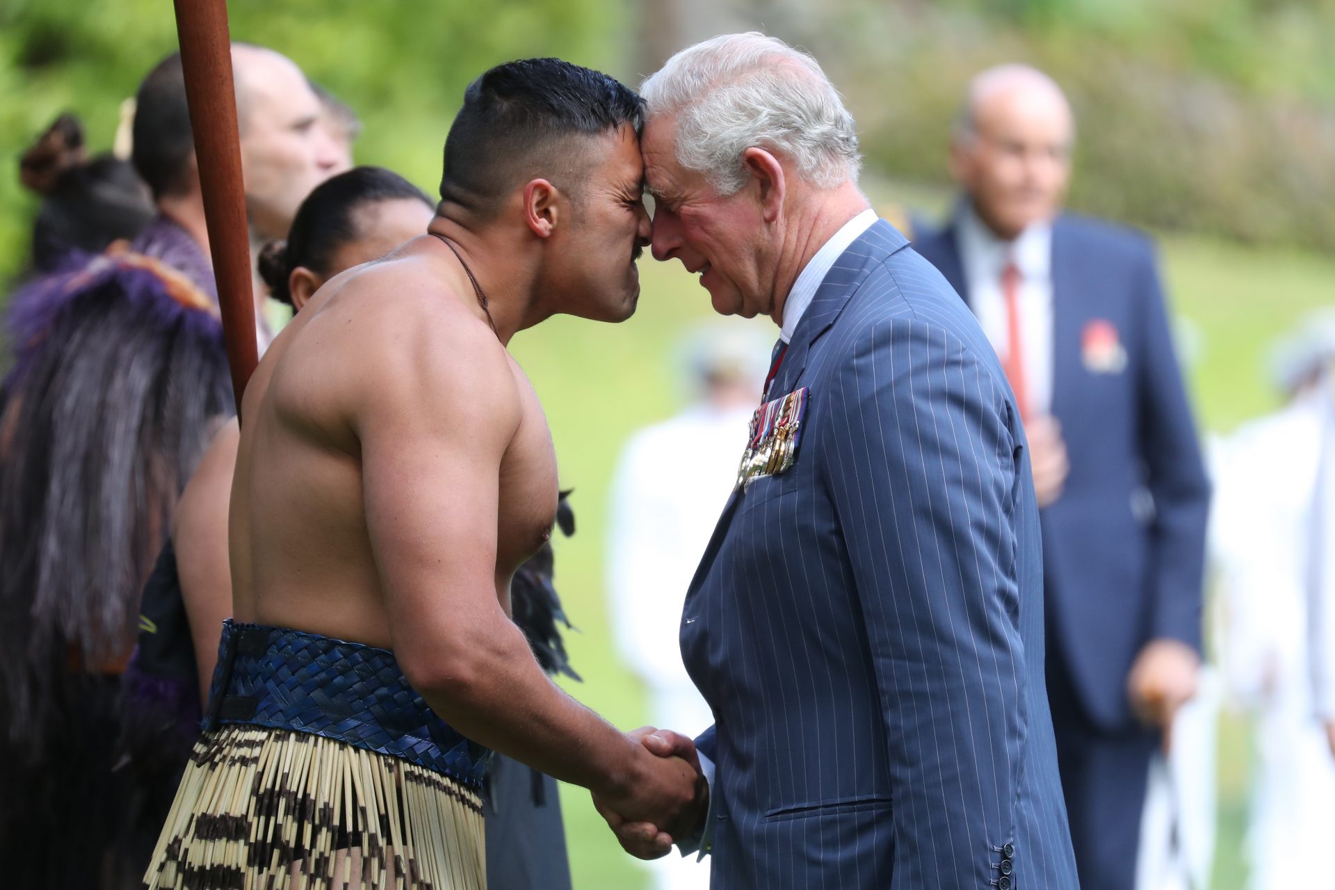 <p>He greeted the Maori leaders in Auckland with the traditional hongi salute.</p>