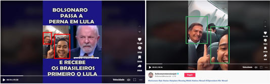 Comparação feita em 16 de novembro de 2023 entre uma publicação no TikTok (E) e uma postagem do Jair Bolsonaro na mesma plataforma