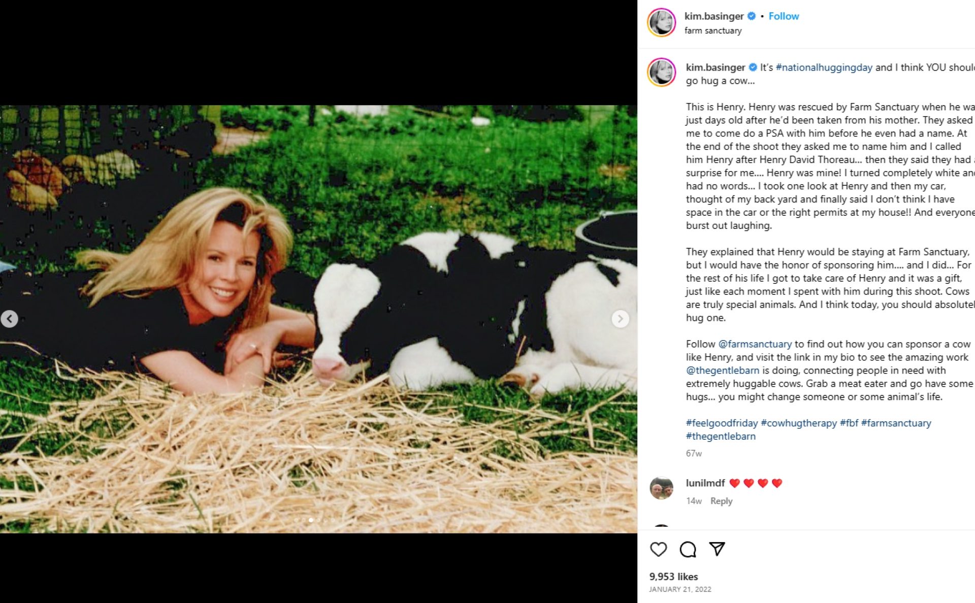 <p>Kim is a vegetarian and an animal rights activist, having posed for anti-fur advertisements by PETA, advocating for disabled farm animals, and speaking up about the inhuman dog meat trade in parts of Asia.</p> <p>Image: kim.basinger/Instagram</p>