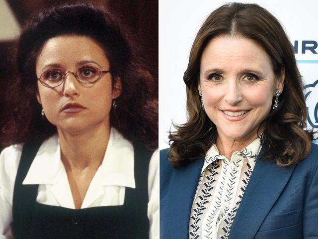 J. Delvalle/NBCU Photo Bank/NBCUniversal/Getty ; Rodin Eckenroth/FilmMagic Left: Julia Louis-Dreyfus as Elaine Benes on 'Seinfeld.' Right: Julia Louis-Dreyfus attends the NRDC Night Of Comedy benefit in 2022.