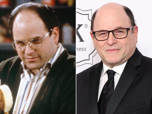 Jan Sonnenmair/NBCU Photo Bank/NBCUniversal/Getty ; Monica Schipper/Getty Left: Jason Alexander as George Costanza in 'Seinfeld.' Right: Jason Alexander at the 10th Annual Make-Up Artists & Hair Stylists Guild Awards in 2023.