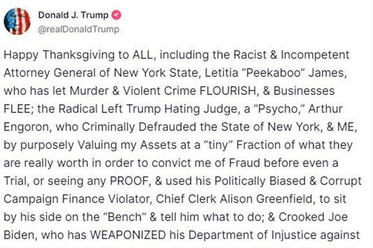 Donald Trump wished everyone a happy Thanksgiving - even the lawyer he branded 'racist'