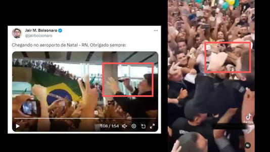 Em ambas imagens, é possível ver que Bolsonaro recebe um par de óculos enquanto é ovacionado pela multidão. Foto: Reprodução