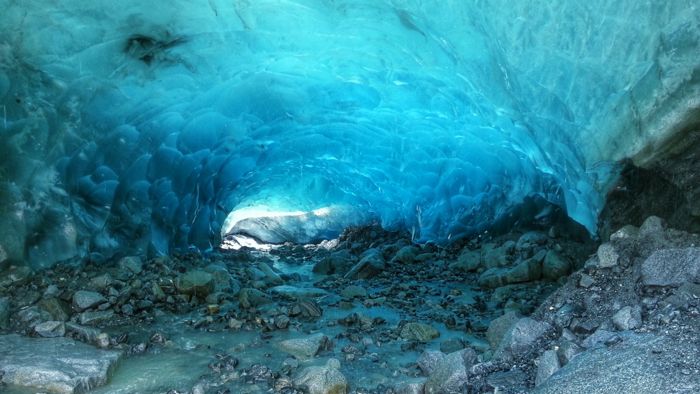 <p><strong>> Location: </strong>Alaska, USA</p> <p>This cave is located near Juneau and is inside a partially hollow 12-mile-long glacier. The Mendenhall Ice Caves are only accessible by first kayaking to the edge, and then climbing over the glacier. Fast-rising ocean temperatures in recent decades have contributed to the glacier receding by almost two miles since 1958.</p>