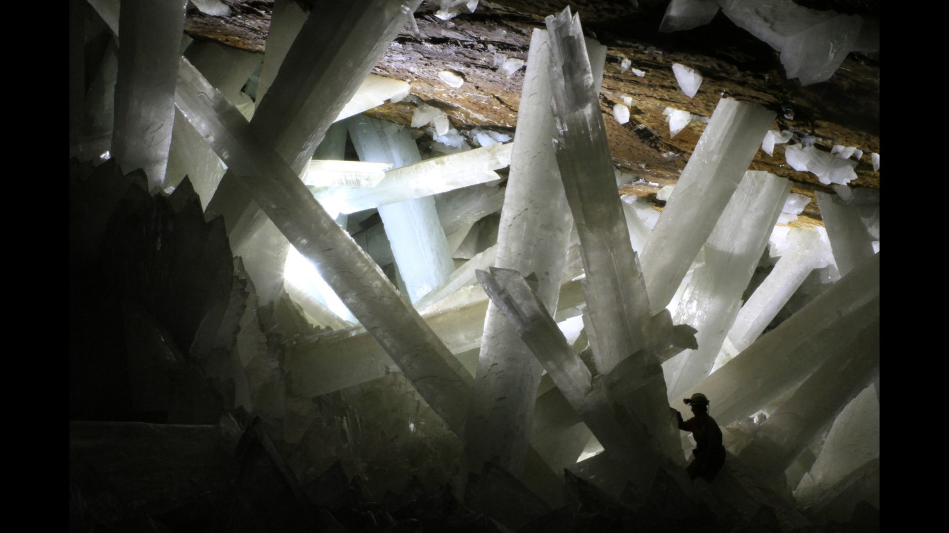 <p><strong>> Location: </strong>Mexico</p> <p>This cavern full of giant crystals in the state of Jalisco was discovered in 2000 by miners after they pumped water out of a cave nearly 1,000 feet under the Sierra de Naica Mountain. The largest of the selenite crystals, which grew uninterrupted for at least half a million years, are 36 feet long and three feet thick.</p>