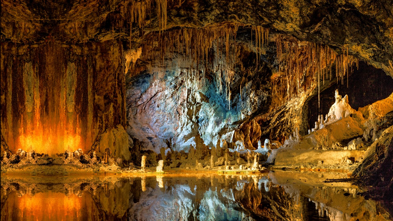 <p><strong>> Location: </strong>Germany</p> <p>The Saalfeld Fairy Grottoes are located in the German state of Thuringia. They were the site of a mine where shale was removed from the ground. The mine closed in the mid-19th century, but it was reopened in 1910.  The minerals that comprise the remaining stalactites and stalagmites created a fairytale-like effect, transforming the grottoes into a colorful underworld.</p>