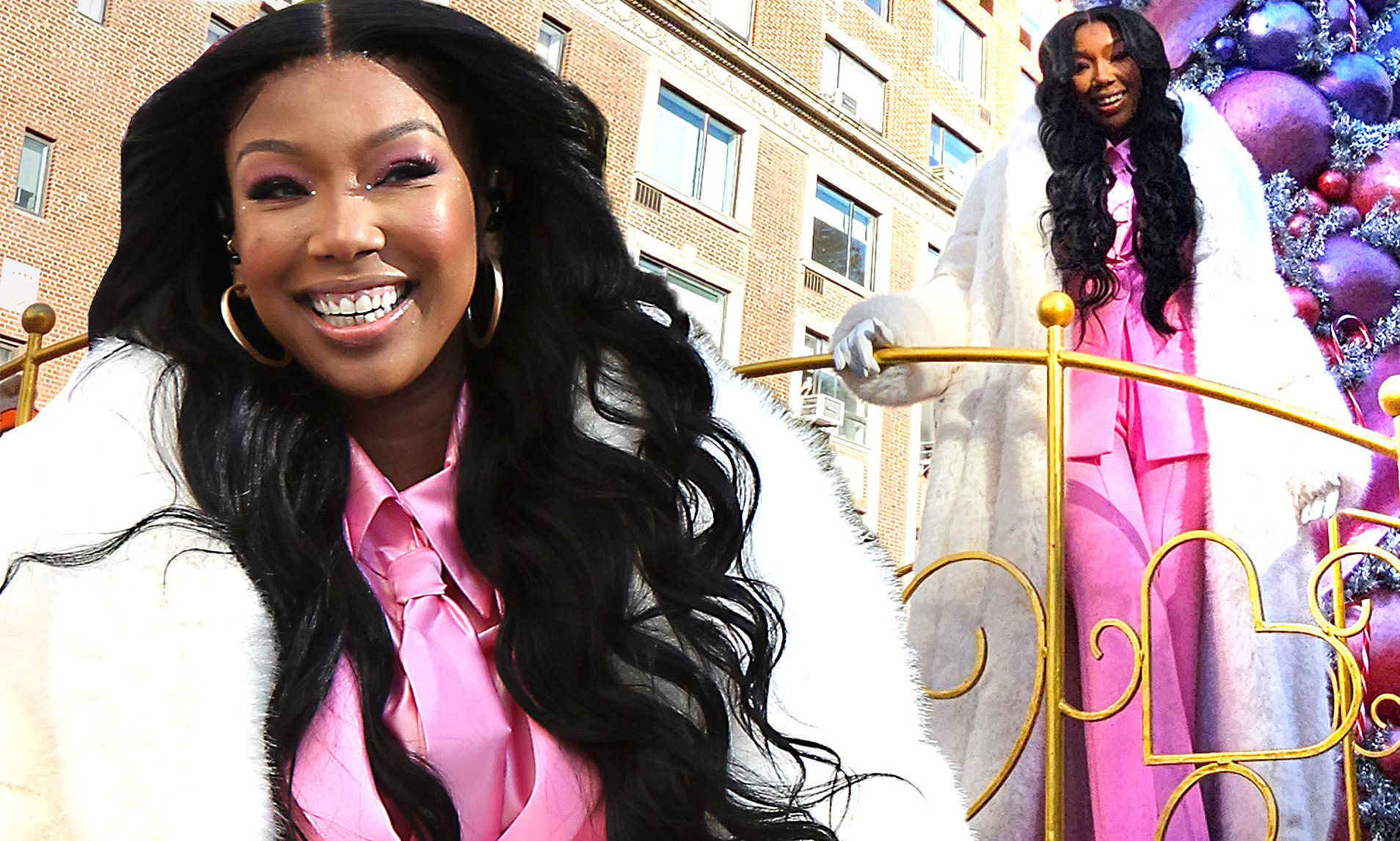 Brandy Models A Barbie Pink Suit At Thanksgiving Parade