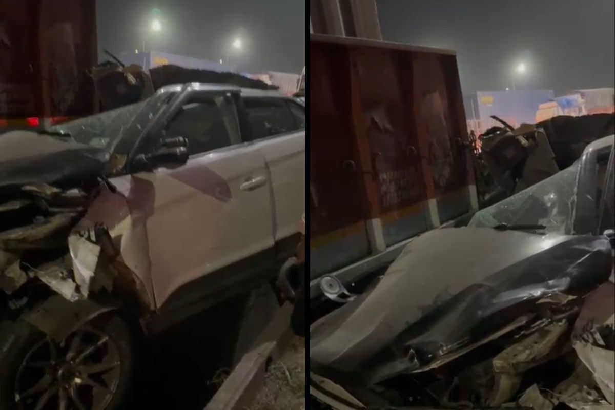 watch | horrific accident in navi mumbai as car gets squeezed after collision with truck; 1 dead, 2 critical