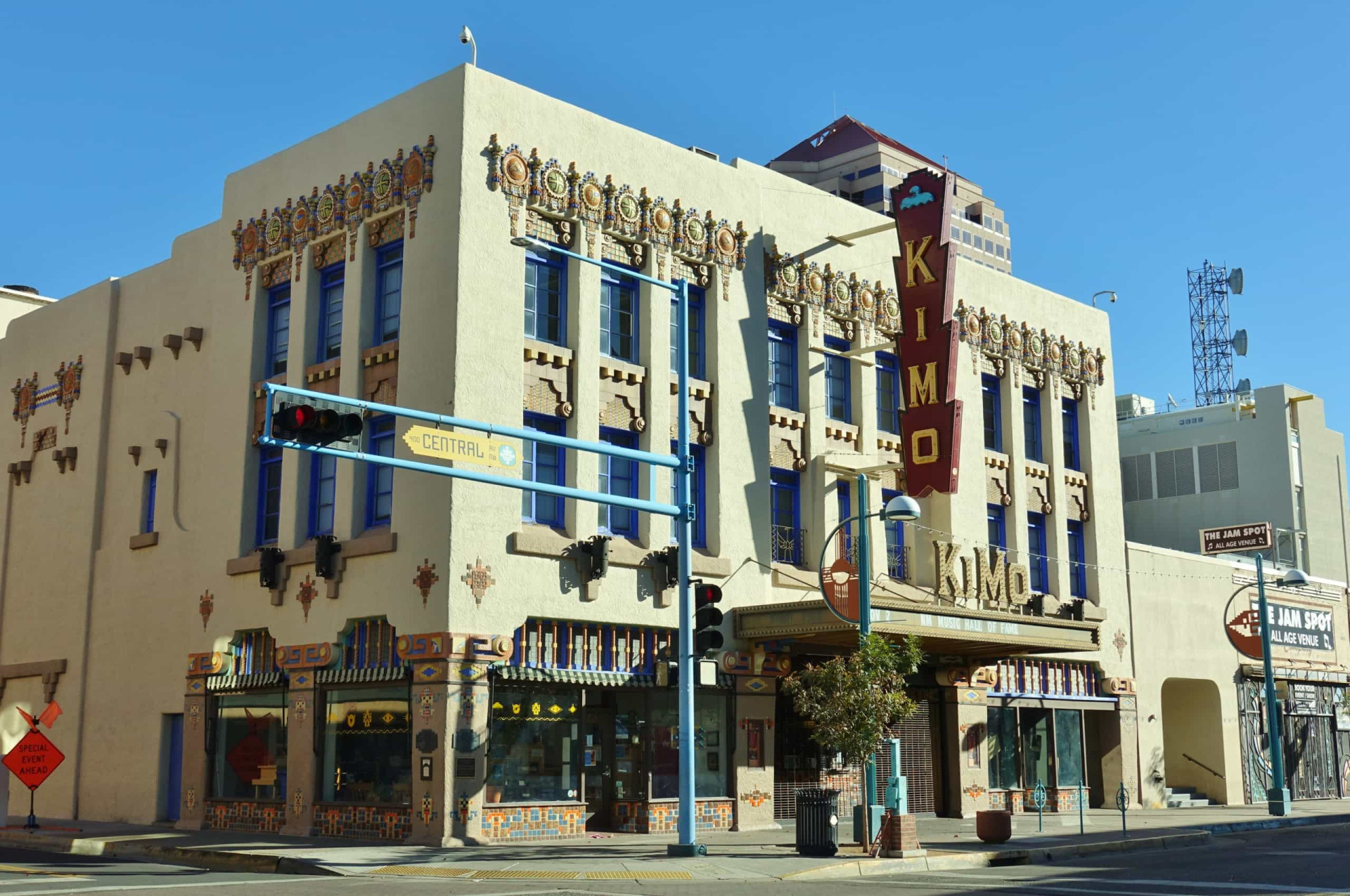 <p>The Kimo Theater in Albuquerque was built in 1927 and it's a famous landmark, though it's also haunted by the ghost of a young boy named Bobby. The boy is said to have died in the Kimo in 1951, when a boiler exploded in the basement.</p>