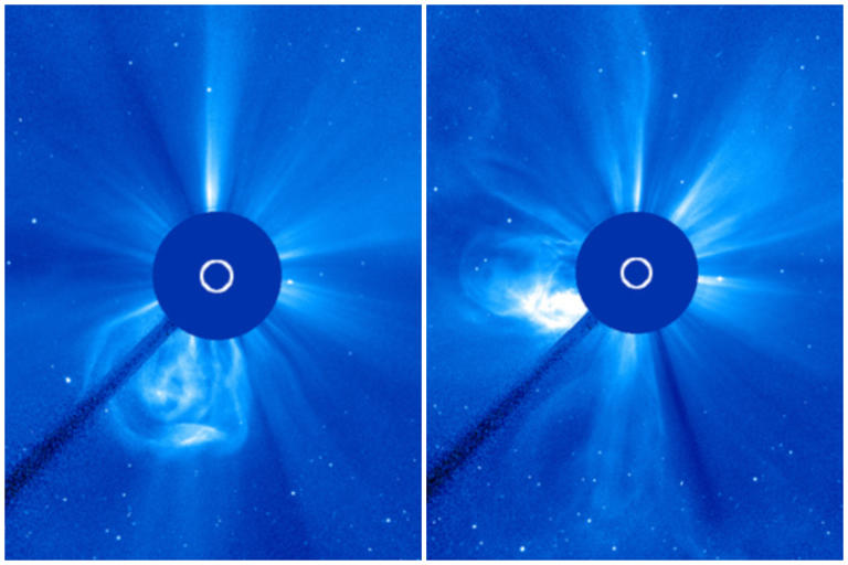 SOHO images of the sun releasing CMEs on November 22 (left) and November 23 (right). One of the sun's recent CMEs may hit the Earth late on November 25. NASA / Solar and Heliospheric Observatory SOHO