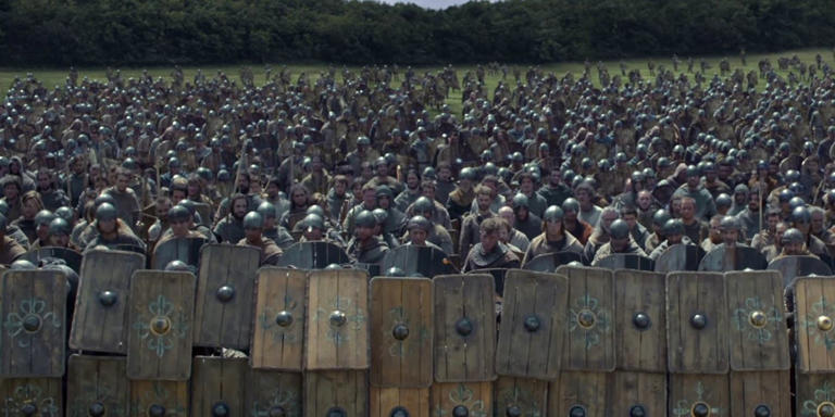 The army of Wessex prepares to fight at the Battle of Edington in The Last Kingdom season 1.