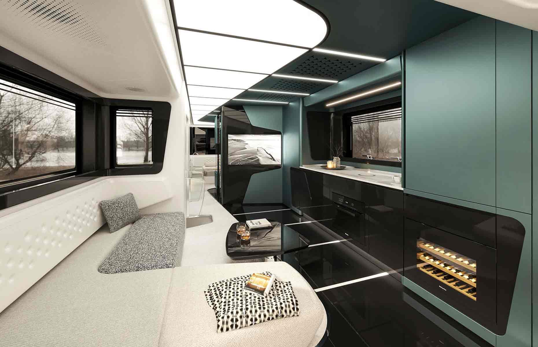 <p>Sleek, indulgent design defines the RV's contemporary interior. Fold-out illuminated stairs lead up into the extraordinary living space. Luxury touches even extend to the cab at the front, where the four car seats feature individual air-conditioning systems and a massage function. </p>  <p>With illuminated panels inset into the ceiling, the main hub of the motorhome is streamlined and evocative of a spaceship. The high-end kitchen includes an induction cooktop, an oven, a concealed sink, a dishwasher drawer and a fridge freezer. </p>