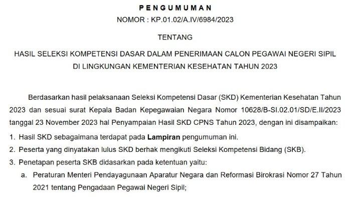 Link Pengumuman Hasil SKD CPNS Kemenkes 2023 Dan Daftar Peserta Yang Lolos