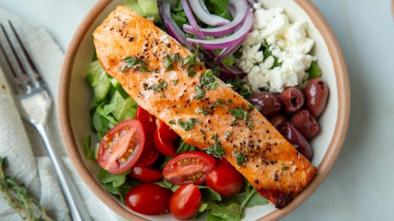 Grilled Salmon Greek Salad With Herb Dressing Recipe