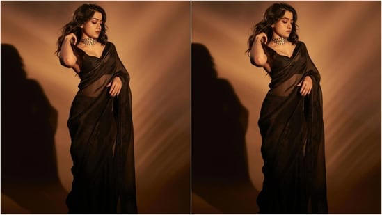 Just a day ago, Rashmika dazzled in a black netted saree, which she draped elegantly around herself, letting her pallu fall beautifully from her shoulders. Paired with a matching sweetheart neck blouse, she looked like an elegant princess.