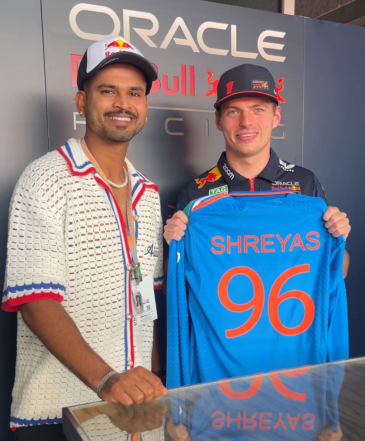shreyas iyer gifts indian team jersey to reigning f1 world champion max verstappen