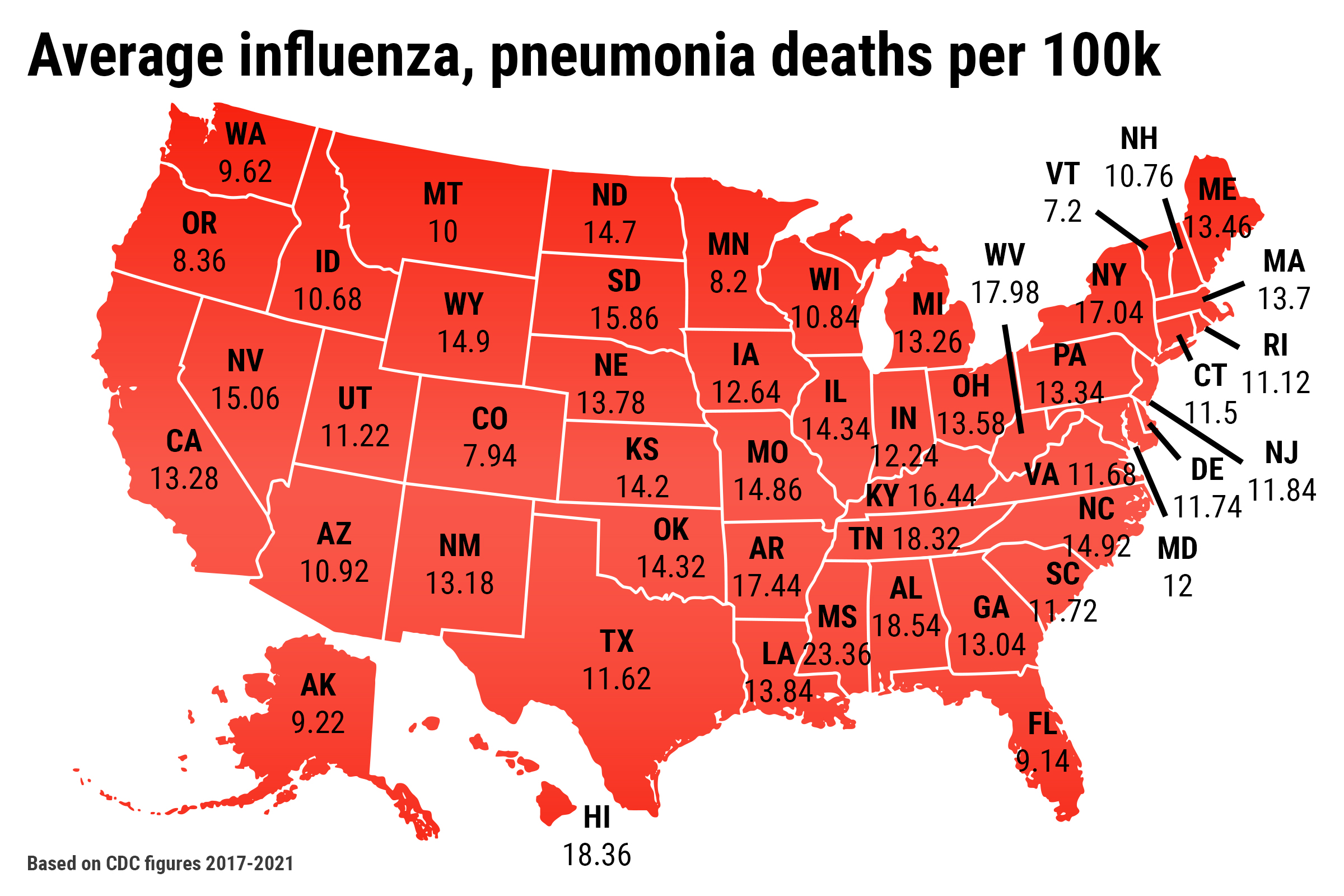 flu and pneumonia map shows us states with highest death rates