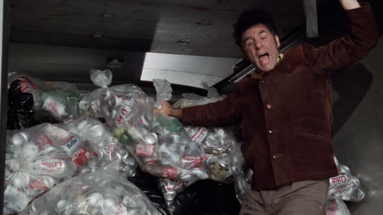 <p>                     In “The Bottle Deposit,” Kramer teams up with Newman (Wayne Knight) to collect as many glass bottles and aluminum cans as possible and bring them to Michigan, where they would be eligible for a refund of $0.10 a piece. However, Kramer abandons the plan when he spots Jerry’s stolen car and goes as far as throwing out their load to help the mail truck run faster.                   </p>
