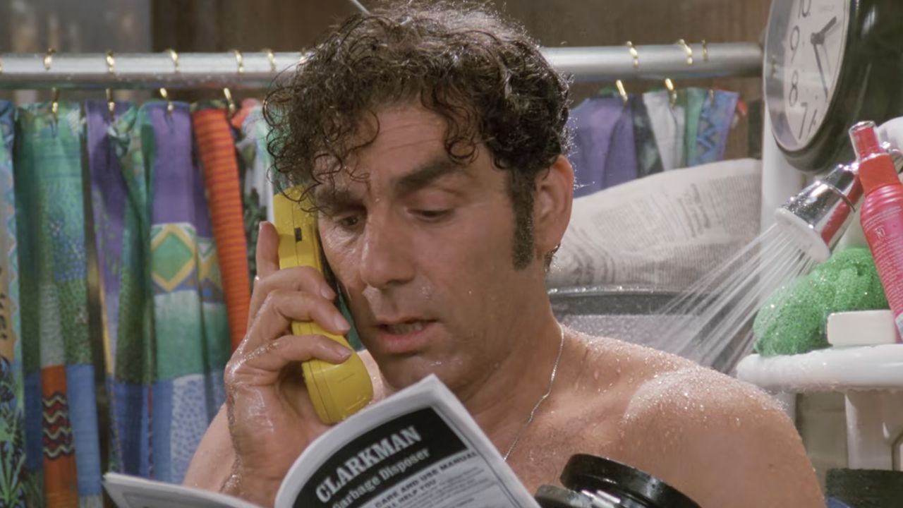 <p>                     In “The Apology,” Kramer decides to extend his time in the shower to a more permanent length and even tries to make it feel more homely and practical by installing a garbage disposal in the drain. These leads to one of <em>Seinfeld</em>’s funniest food-related gags (“gag” being an especially appropriate word here) when he serves Elaine, David Puddy (Patrick Warburton), and Elaine’s colleague, Peggy (Megan Cole), a salad he prepared in his shower.                   </p>