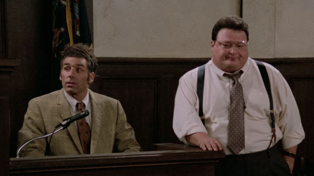 <p>                     In the second-half of a Season 4 two-parter (“The Pitch/The Ticket”), Kramer agrees to help Newman avoid punishment for speeding by claiming the postal worker was racing to help him in a moment of desperation. However, Kramer’s recent head injury causes him to forget the fake testimony while standing trial, causing Newman to lose the case (and his patience).                   </p>