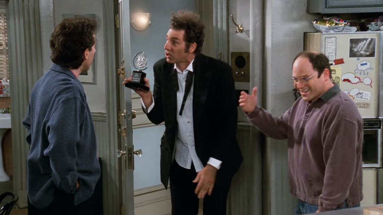 <p>                     While working as a seat-filler at the Tony Awards in <em>Seinfeld</em>’s Season 8 finale, “The Summer of George,” Kramer is mistaken for one of the producers of Best Musical winner, <em>Scarsdale Surprise</em>, and he doesn’t bother to correct the mistake. When the real producers confront him, they offer to let him keep the trophy if he does something they are too afraid to do: fire the production’s star, the late Raquel Welch.                   </p>