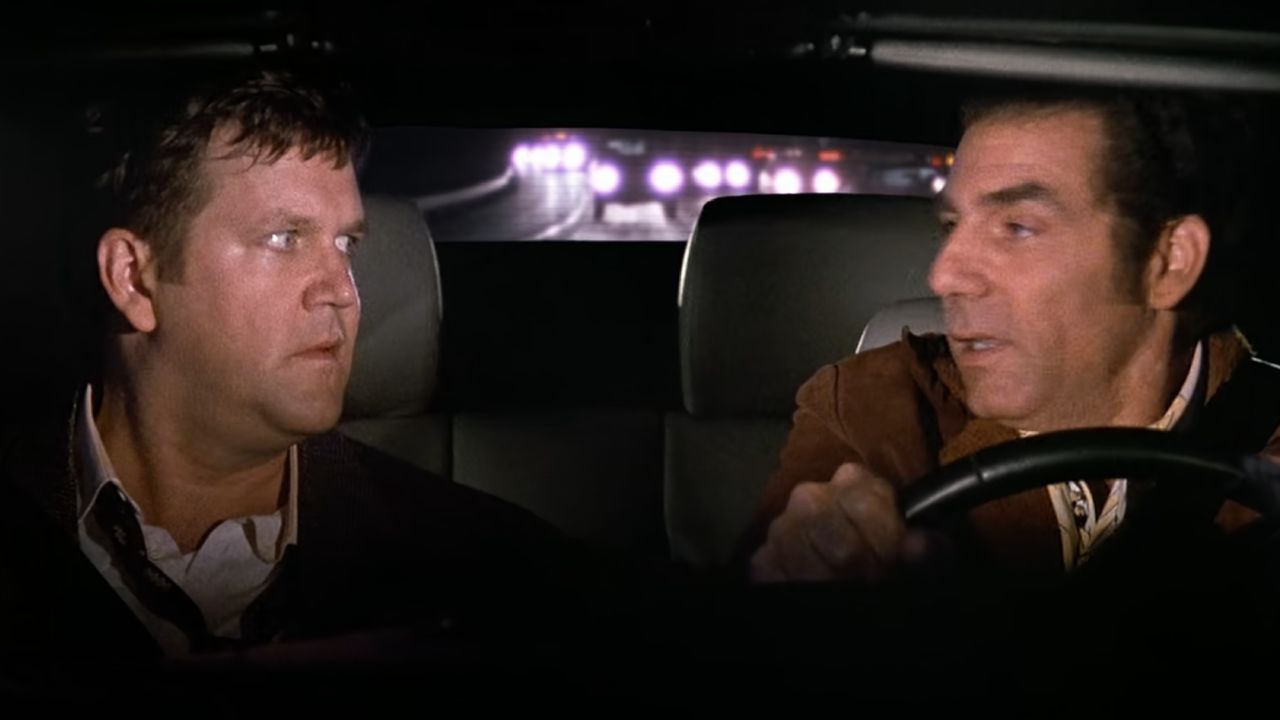 <p>                     During a visit at Puddy’s car dealership, Kramer tells a salesman (Daniel Hagen) that he is in charge of choosing Jerry’s car and wants to test it to its full advantage, which includes completing some of his daily tasks. Soon, the trip turns into a daring and exciting crusade to see how far they can drive with the fuel meter at "E." Inevitably, when the car runs out of gas, Kramer leaves his fellow traveler on the side of the highway.                   </p>