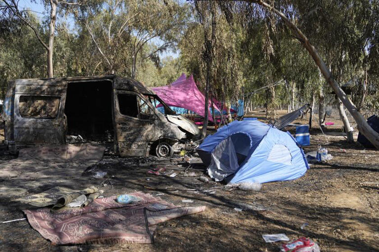 The site of the music festival in Israel near the Gaza border after the Oct. 7 attack by Hamas militants. ((Ohad Zwigenberg / Associated Press))