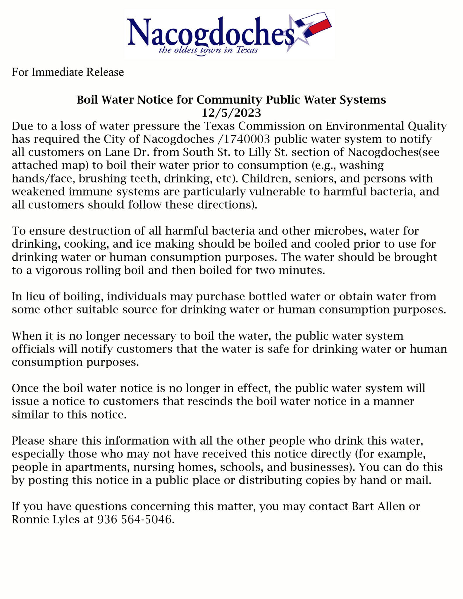 BOIL WATER NOTICE ISSUED - City Of Nacogdoches